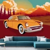 Sports Car Wallpaper 0116 - Graphic design featuring an orange car against a backdrop of mountains and clouds.
