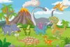 Dinosaur Wallpaper 0126 - Graphic pattern featuring various dinosaurs in a green landscape with a volcano in the background.