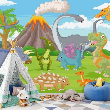 Dinosaur Wallpaper 0126 - Decorated children\'s room with light-colored walls, featuring dinosaurs and a volcano in the background.