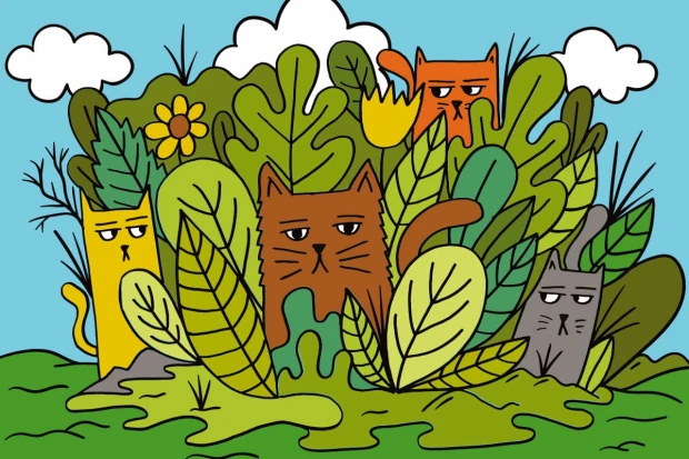 Children\'s wallpaper Cats in the Garden 0108 - Graphic design featuring colorful cats among green leaves against a sky backdrop.