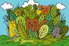 Children\'s wallpaper Cats in the Garden 0108 - Graphic design featuring colorful cats among green leaves against a sky backdrop.