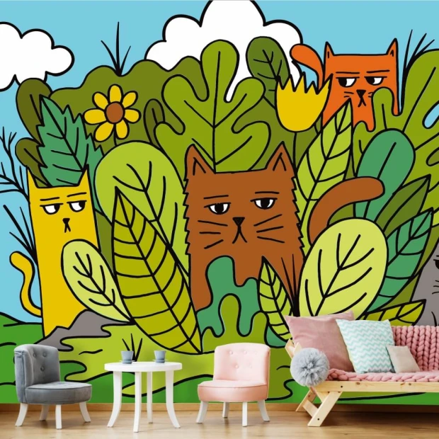 Kids\' wallpaper Cats in the Garden 0108 - Living room decor with light-colored walls and pastel furniture.