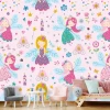 Fairy wallpaper for kids 0119 - Graphic design featuring fairies, flowers, hearts, and crowns on a pink background.