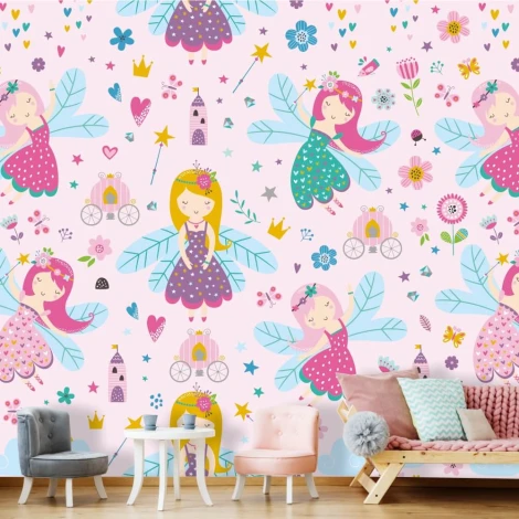 Fairy wallpaper for kids 0119 - Graphic design featuring fairies, flowers, hearts, and crowns on a pink background.