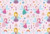 Fairy wallpaper for kids 0119 - Graphic design featuring fairies, flowers, hearts, and a rainbow on a pink background.