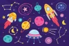 Kids\' room wallpaper Cosmos 0102 - Graphic design featuring rockets, planets, stars, and constellations.