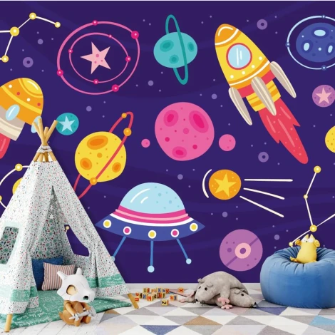 Cosmos 0102 wallpaper for kids\' room - Dark blue walls with themed designs for a playful atmosphere.
