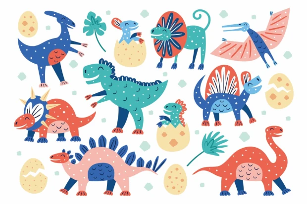 Dinosaur wallpaper for kids\' room 0103 - Graphic design with colorful dinosaurs, eggs, and plants.