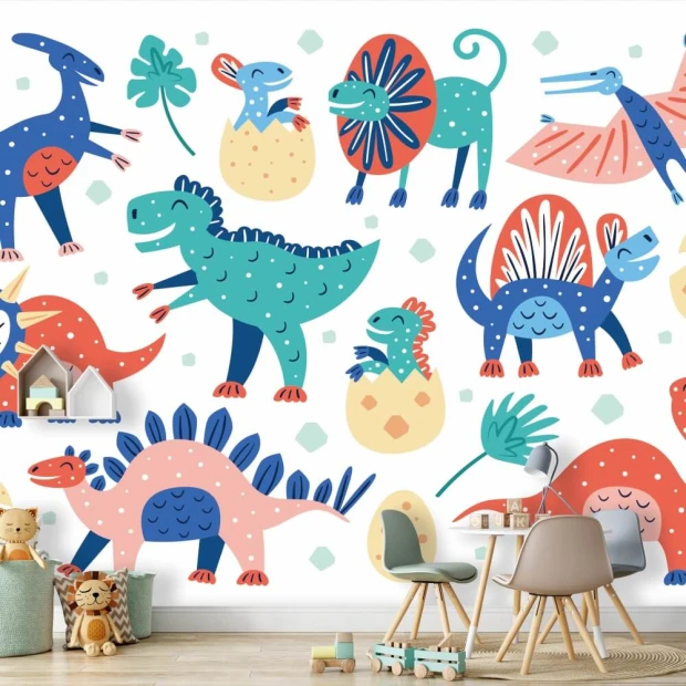 Dinosaur wallpaper for kids\' room 0103 - Colorful dinosaurs on a white background.