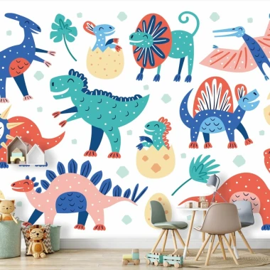 Dinosaur wallpaper for kids\' room 0103 - Colorful dinosaurs on a white background.