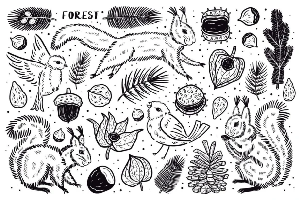 Children\'s room wallpaper Forest Animals 0101 - Graphic design featuring forest animals, leaves, and pine cones.