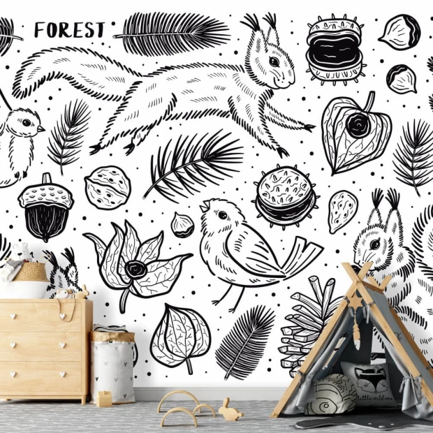 Children\'s room wallpaper Forest Animals 0101 - Graphic design with animal, leaf, and nut illustrations on a white background.