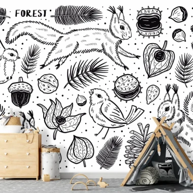 Children\'s room wallpaper Forest Animals 0101 - Graphic design with animal, leaf, and nut illustrations on a white background.