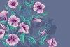 Purple Flower Wallpaper 0127 - Graphic pattern with flowers in shades of purple and pink on a blue background.
