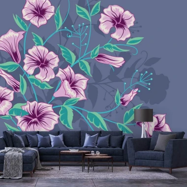 Purple flower wallpaper 0127 - Living room setup with blue walls, dark furniture, and light flooring.