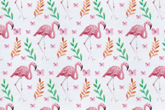 Flamingo Wallpaper 0125 - Graphic design featuring pink flamingos among green leaves and flowers on a white background.