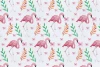 Flamingo Wallpaper 0125 - Graphic design featuring pink flamingos among green leaves and flowers on a white background.