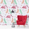 Flamingo Wallpaper 0125 - Living room setup with a red chair and white floor surrounded by flamingo and plant patterns.