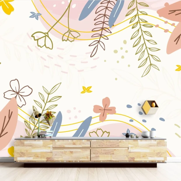 Floral Wallpaper 0105 - Living room setup with light walls featuring pastel-colored botanical patterns.
