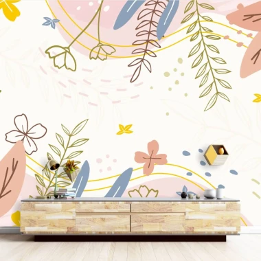 Floral Wallpaper 0105 - Living room setup with light walls featuring pastel-colored botanical patterns.