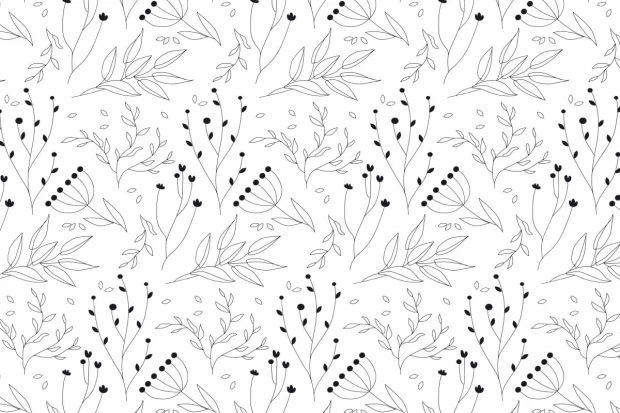 Branch and Leaf Wallpaper 0113 - Graphic pattern with black and white outlines of plants and leaves in various shapes.