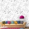 Branch and leaf wallpaper 0113 - Living room setup with light-colored walls and a sofa with colorful cushions.
