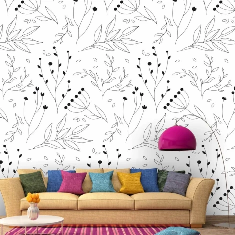 Branch and leaf wallpaper 0113 - Living room setup with light-colored walls and a sofa with colorful cushions.