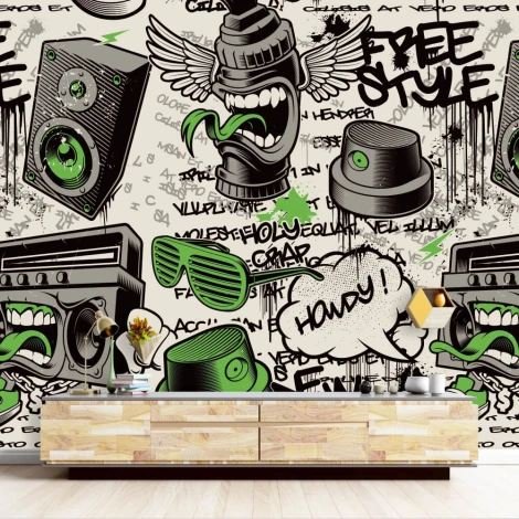 Graffiti Wallpaper 0123 - Modern living room setup with light-colored walls and wooden furniture.