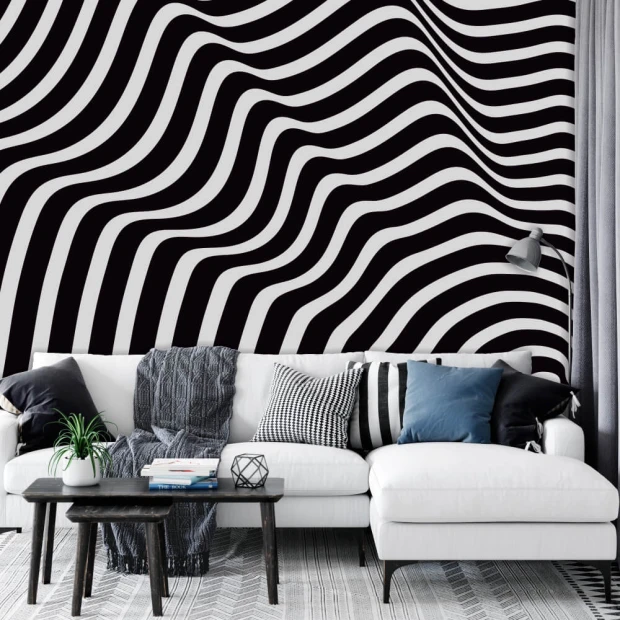 Optical illusion wallpaper 0124 - Living room setup with white and black walls, modern furniture.