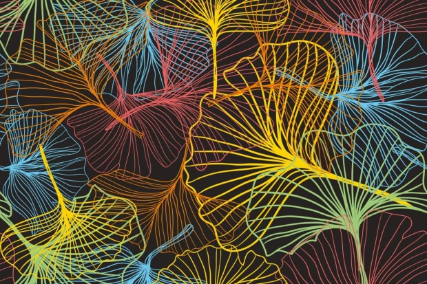 Colorful Flowers Wallpaper 0112 - Graphic pattern with colorful lines forming leaf shapes on a dark background.