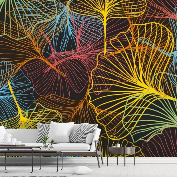 Colorful Flowers Wallpaper 0112 - Graphic design with black background and colorful leaf outlines in shades of yellow and red.