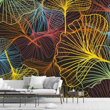 Colorful Flowers Wallpaper 0112 - Graphic design with black background and colorful leaf outlines in shades of yellow and red.