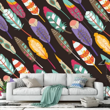 Colorful Feathers Wallpaper 0114 - Living room setup with dark walls and a light-colored sofa.
