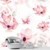 Floral Wallpaper 0129 - Living room setup. Light walls with pink flowers on a white background.