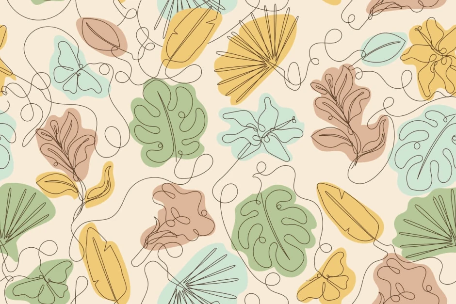 Floral wallpaper 0109 - Graphic design featuring leaves in various shapes and colors on a light background.