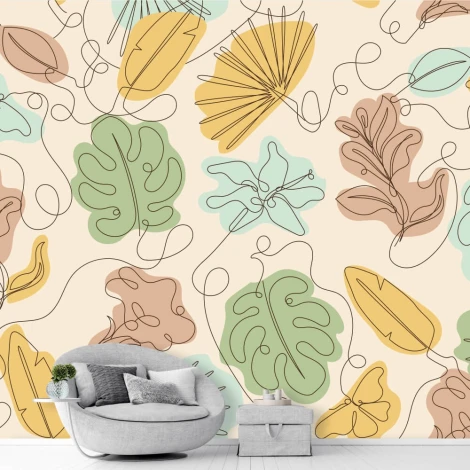 Floral and leaf wallpaper 0109 - Living room arrangement with light-colored walls and gray furniture.