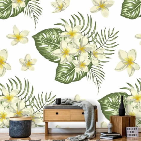 Floral wallpaper 0118 - Living room arrangement. Light walls with plant motifs.