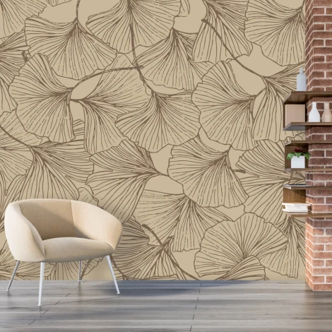 Vintage Floral Wallpaper 0111 - Graphic design featuring fan-shaped leaves in brown shades on a light background.