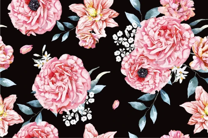 Blooming Flowers Wallpaper 0130 - Graphic design with pink and white flowers on a black background.