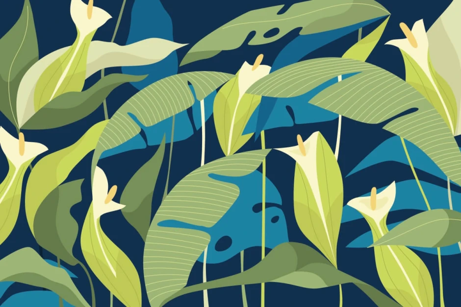 Leaf and flower wallpaper 0106 - Graphic pattern with green leaves and white flowers on a dark background.