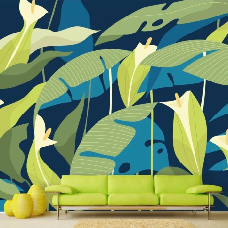 Leaf and flower wallpaper 0106 - Living room decor. Green leaves on a dark background with light accents.