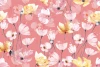 Poppy wallpaper on a pink background 0110 - Graphic design with flowers in shades of pink and yellow, featuring delicate stems.