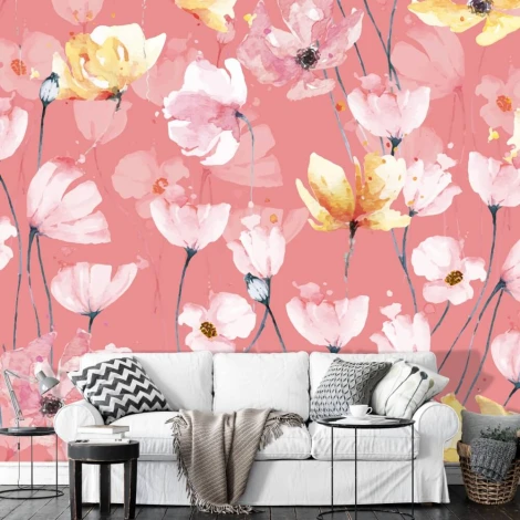 Poppy wallpaper on pink background 0110 - Living room setup with pink walls, white sofa, and gray pillows.