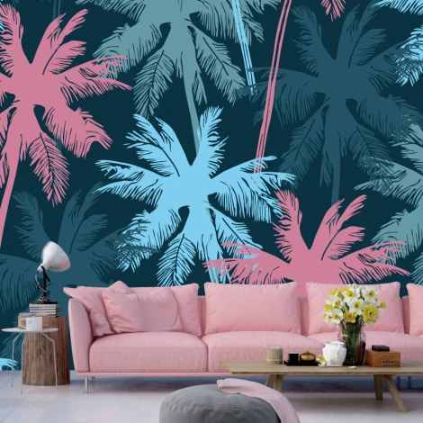 Palm Wallpaper 0122 - Living room setup with dark walls, light sofa, and flowers on the table.