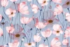 Pink Poppy Wallpaper 0128 - Graphic design featuring pink flowers on a blue background with delicate stems.