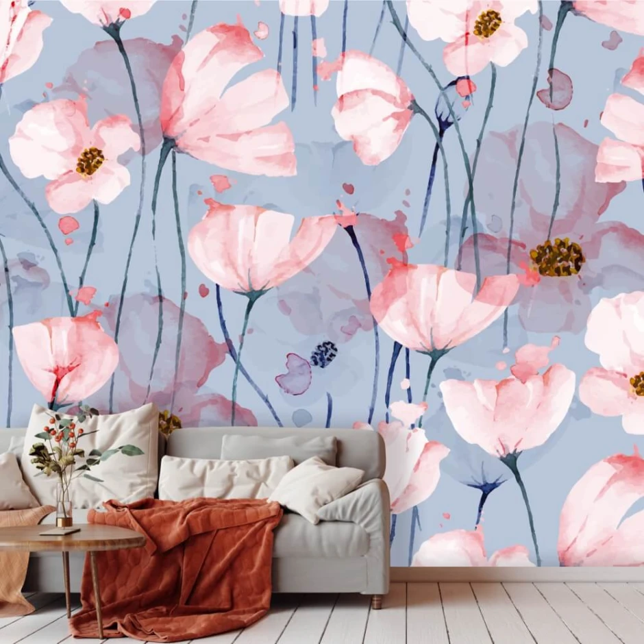 Pink Poppy Wallpaper 0128 - Living room decor with blue walls and light-colored furniture.
