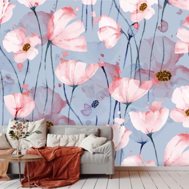 Pink Poppy Wallpaper 0128 - Living room decor with blue walls and light-colored furniture.