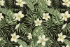 Tropical Leaves Wallpaper 0117 - Green leaves with white flowers on a dark background.
