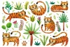 Tiger Wallpaper 0104 - Graphic design featuring tigers in various poses surrounded by lush greenery.