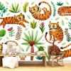 Tiger Wallpaper 0104 - Graphic design featuring tigers in various poses on a white background with plants.
